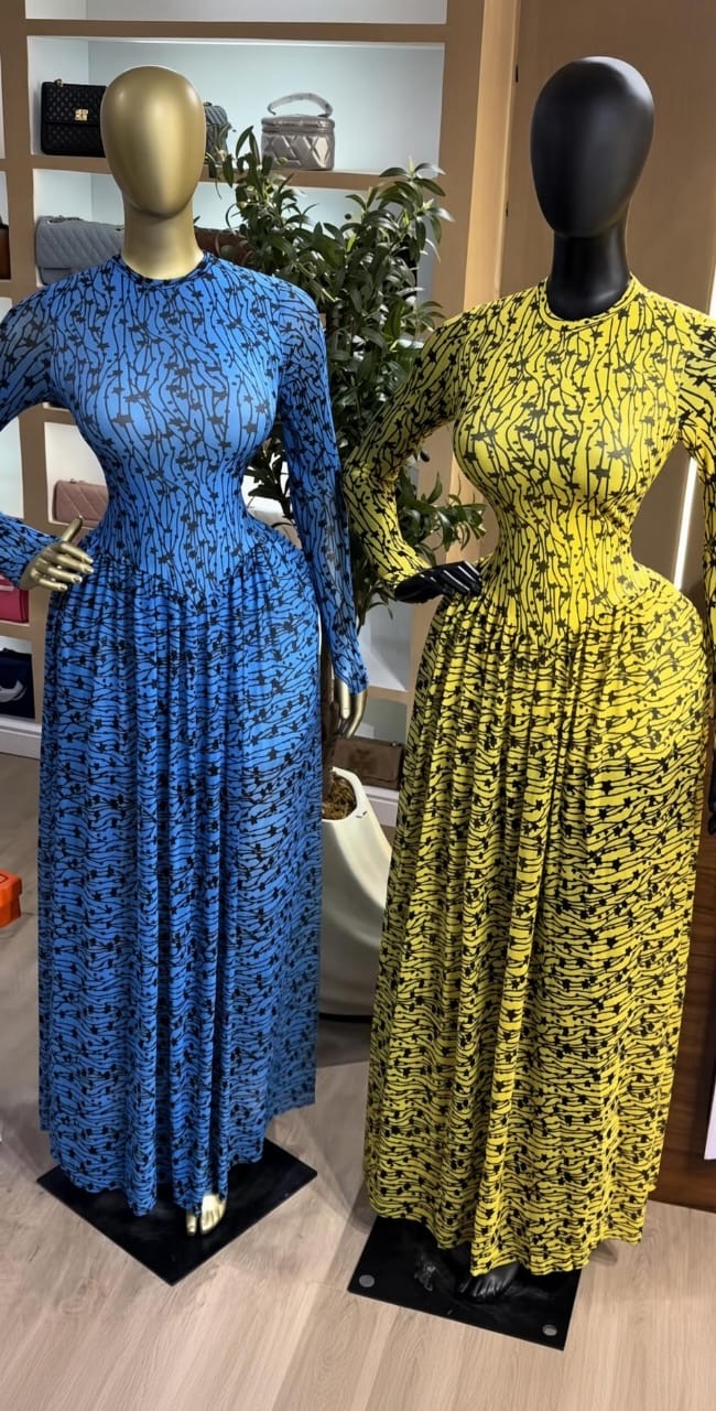 Blue and yellow printed dresses
